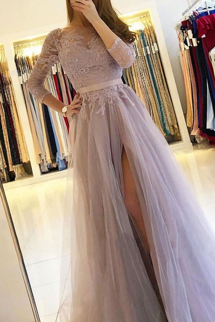 Lace Split A-Line Prom Dress with Long Sleeves-BallBride