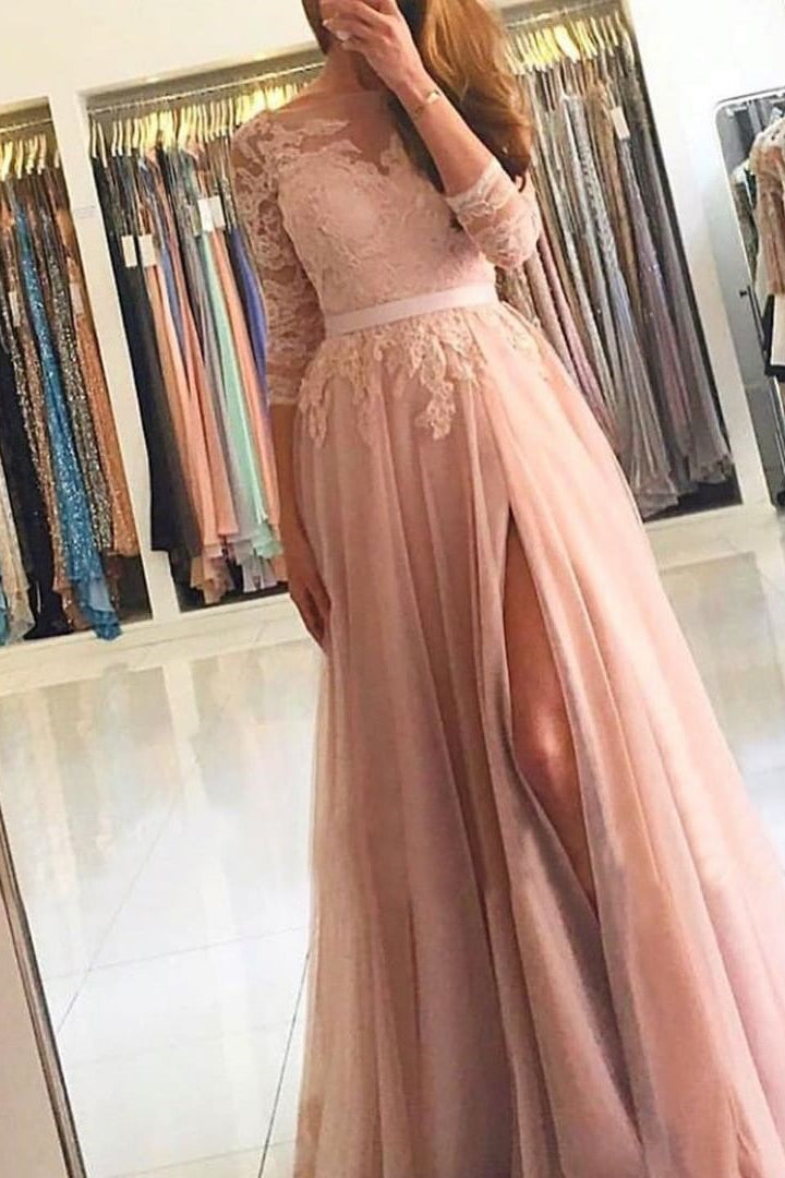 Lace Split A-Line Prom Dress with Long Sleeves-BallBride