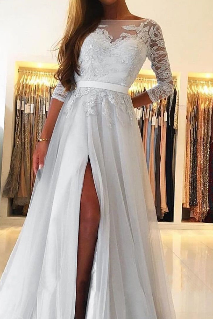 Lace Split A-Line Prom Dress with Long Sleeves-BallBride