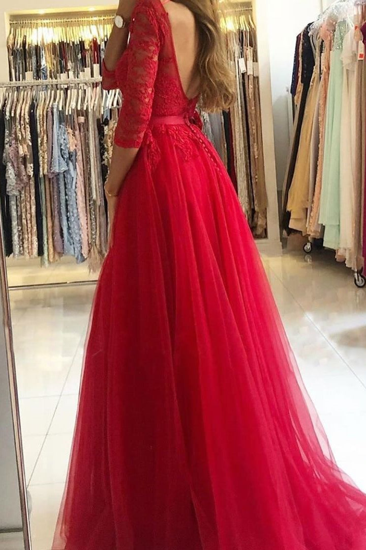 Lace Split A-Line Prom Dress with Long Sleeves-BallBride