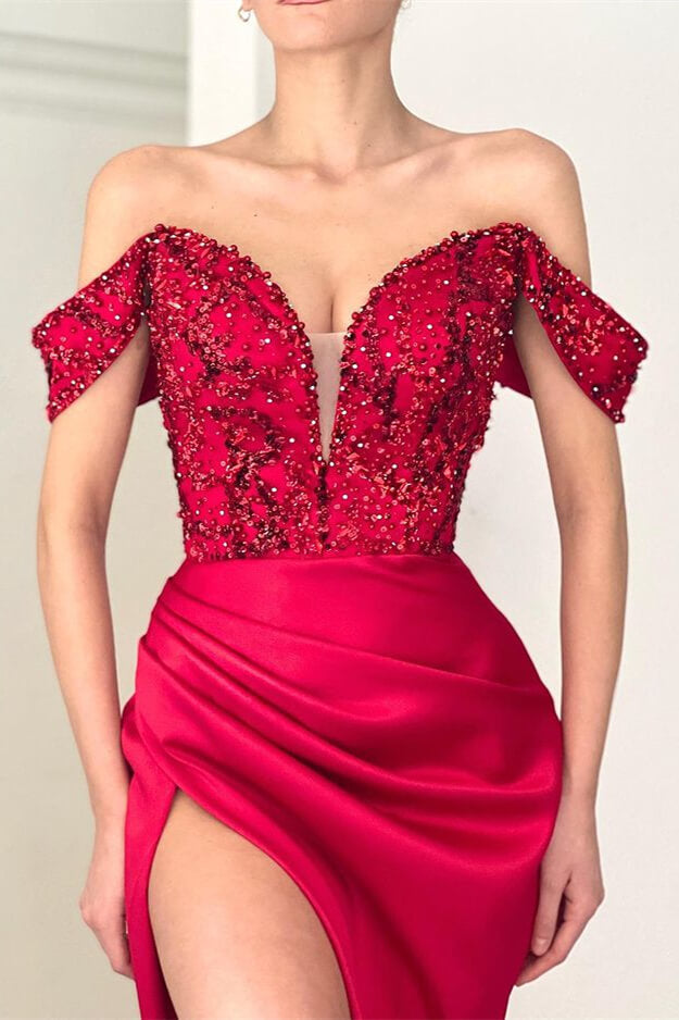 Latest Burgundy Mermaid Prom Dress with Off-The-Shoulder Deep V-Neck, Paillette Beadings, and Slit.-BallBride