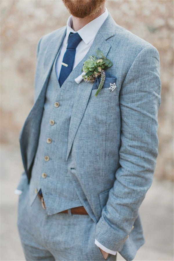 Latest Summer Blue Linen Notched Lapel Wedding Suit-Wedding Suits-BallBride