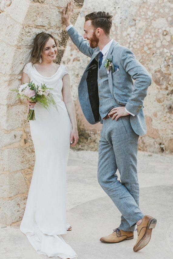 Latest Summer Blue Linen Notched Lapel Wedding Suit-Wedding Suits-BallBride
