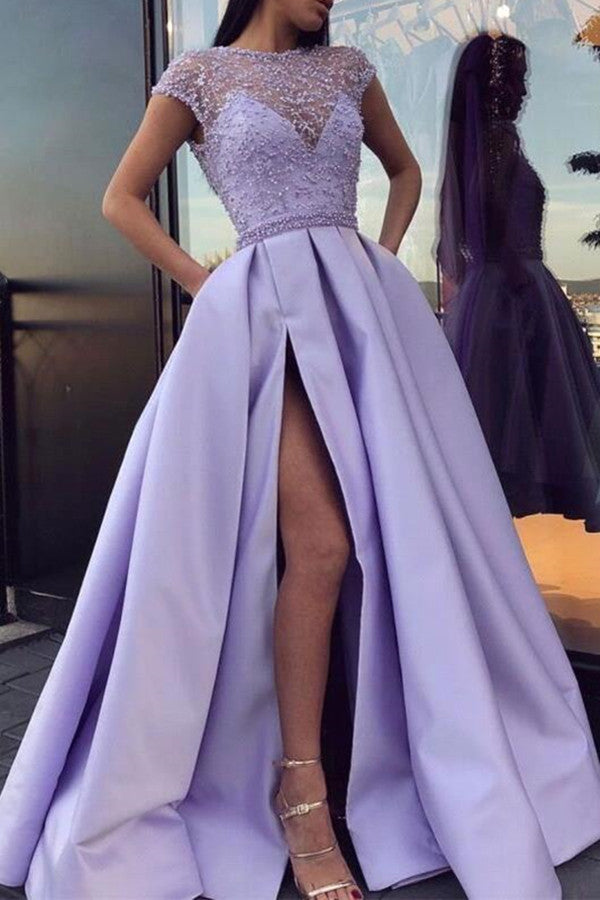 Lavender Prom Dress with Splits and Beadings - Amazing Short Sleeves-Occasion Dress-BallBride