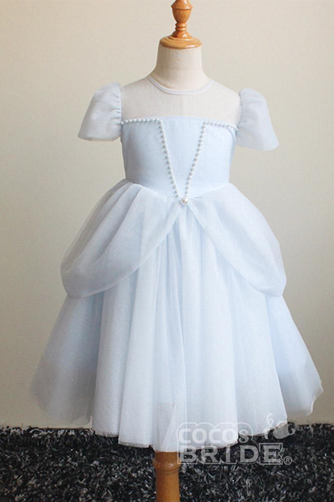 Light Blue Short Sleeves Ball Gown Dress with Scoop Neck-flower girl dresses-BallBride