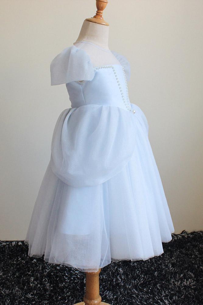 Light Blue Short Sleeves Ball Gown Dress with Scoop Neck-flower girl dresses-BallBride