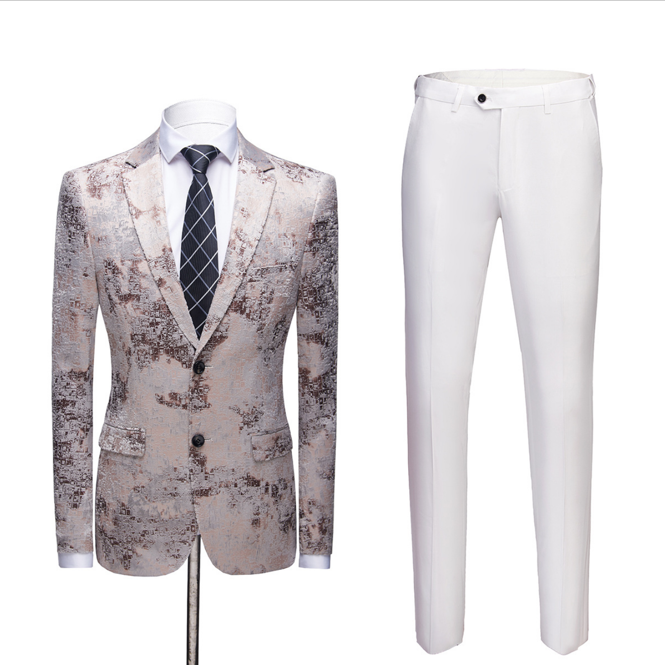 Light Brown Printing Notched Lapel Wedding Tailcoats With White Pants-Wedding Suits-BallBride