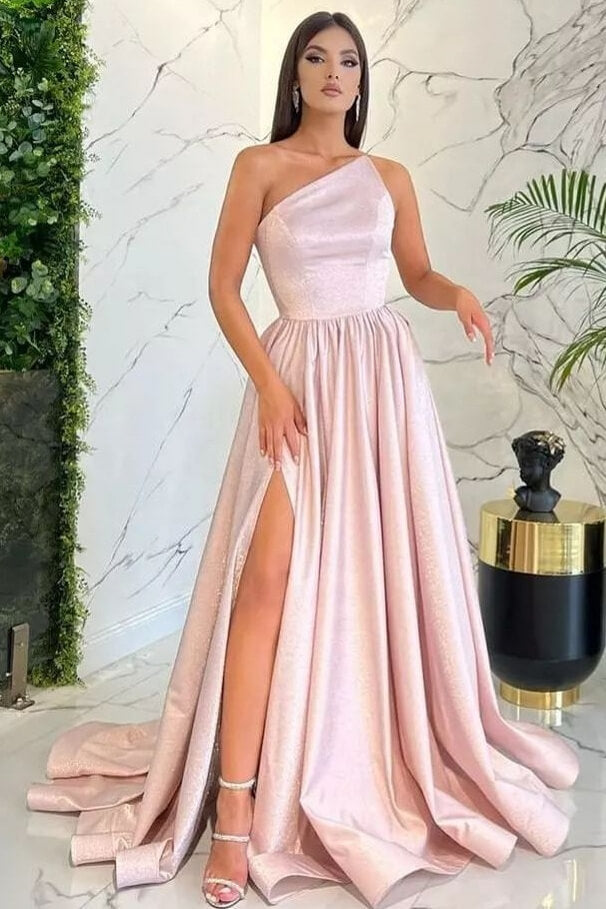 Light Pink One Shoulder Sleeveless Evening Dress with Split-Evening Dresses-BallBride