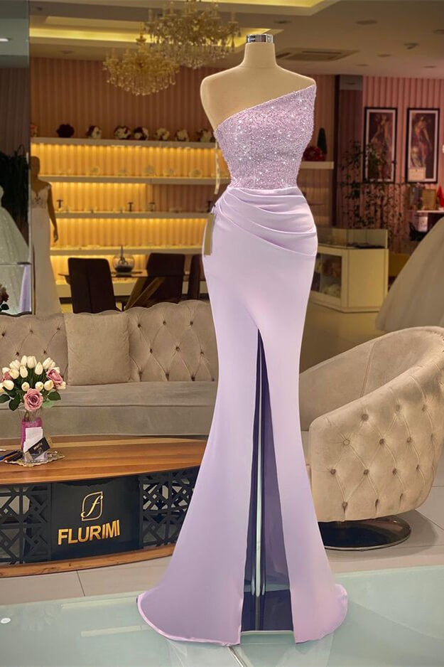 Light Purple Sequined Slit Mermaid Prom Dress-Evening Dresses-BallBride