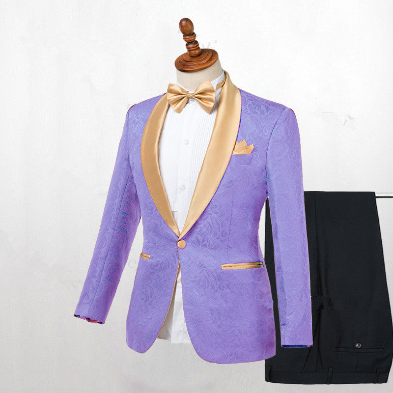 Lilac Floral Jacquard Wedding Suit with Shawl Lapel-Wedding Suits-BallBride