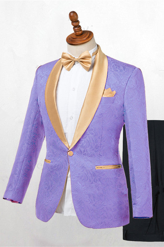 Lilac Floral Jacquard Wedding Suit with Shawl Lapel-Wedding Suits-BallBride