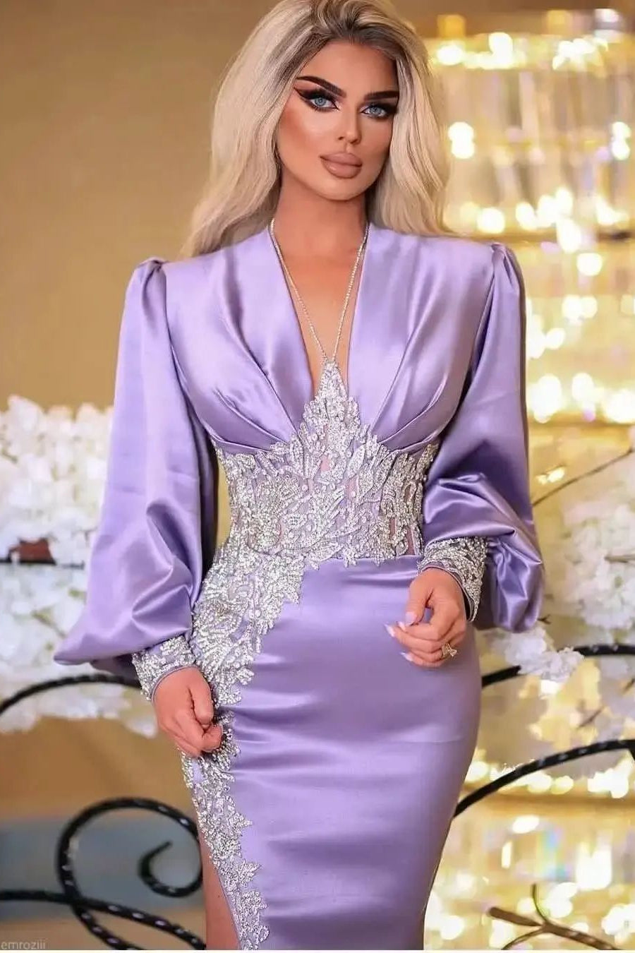 Lilac Long Sleeves Mermaid Prom Dress With Appliques and Online Split-BallBride