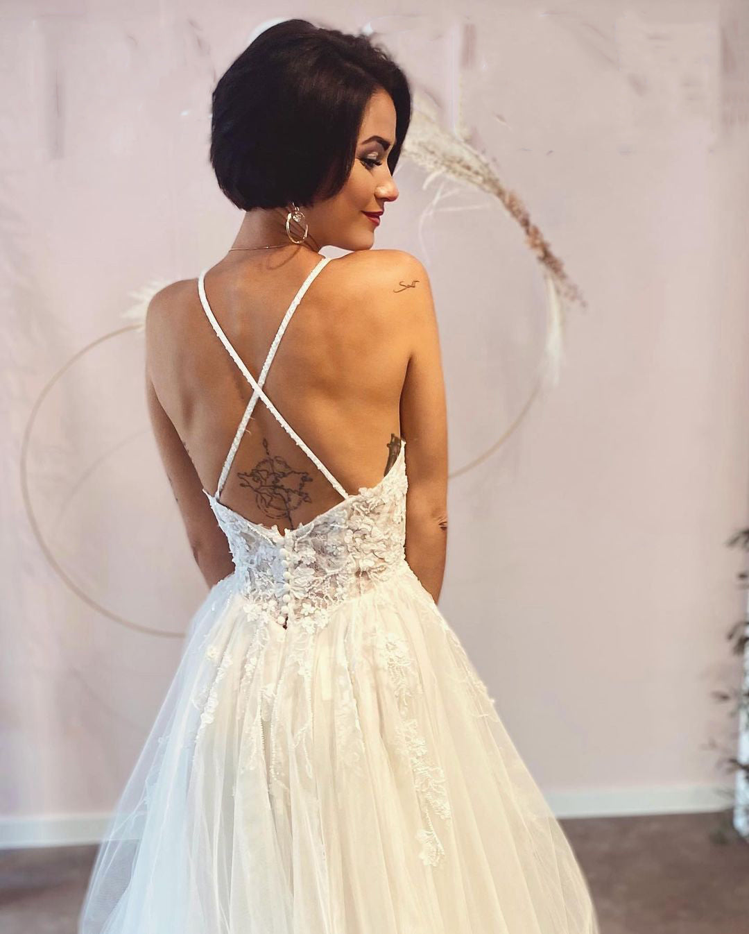 Long A-line Deep V-neck Spaghetti-Straps Backless Wedding Dress with Lace Tulle-Wedding Dresses-BallBride