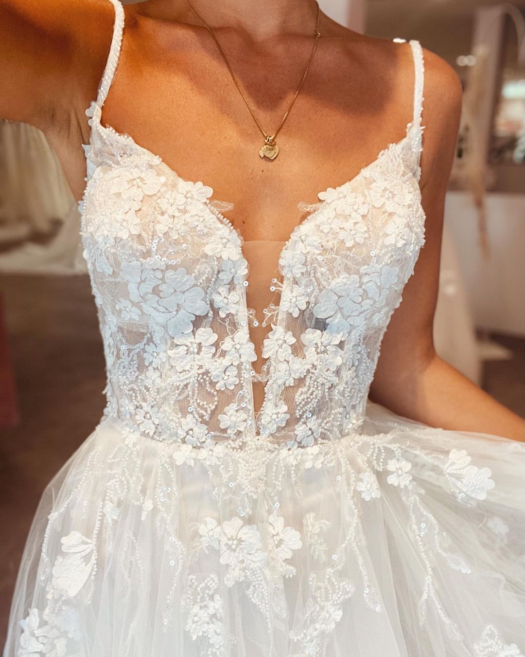 Long A-line Deep V-neck Spaghetti-Straps Backless Wedding Dress with Lace Tulle-Wedding Dresses-BallBride
