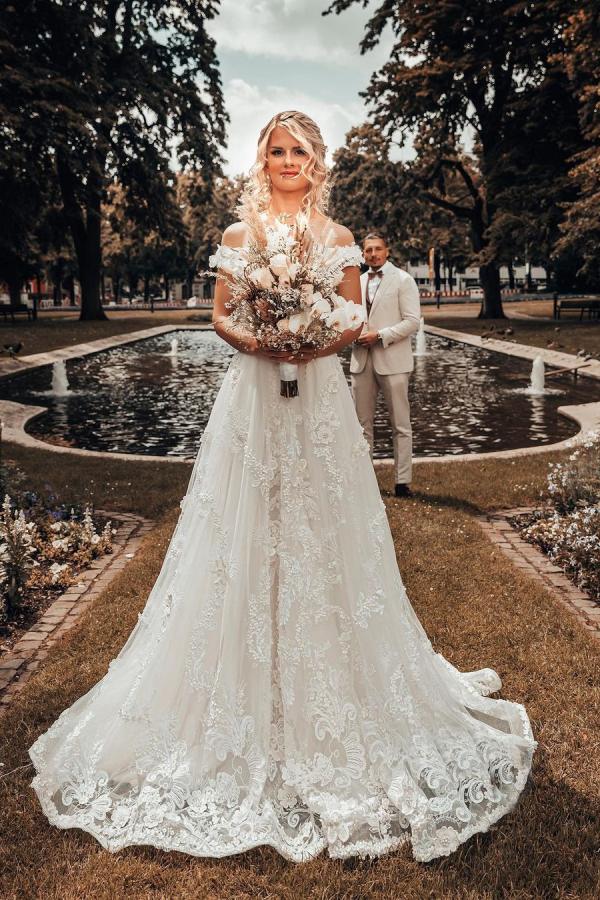 Long A-line Off-the-shoulder 3D Floral Wedding Dress with Lace Appliques-Wedding Dresses-BallBride