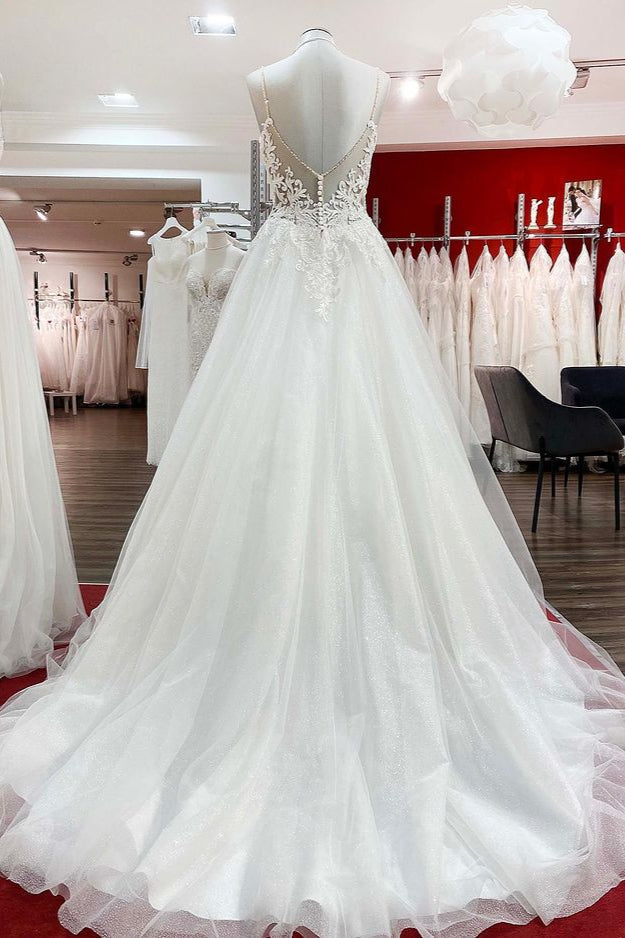 Long A-line V-neck Spaghetti-Straps Backless Wedding Dress with Lace Ruffles-Wedding Dresses-BallBride