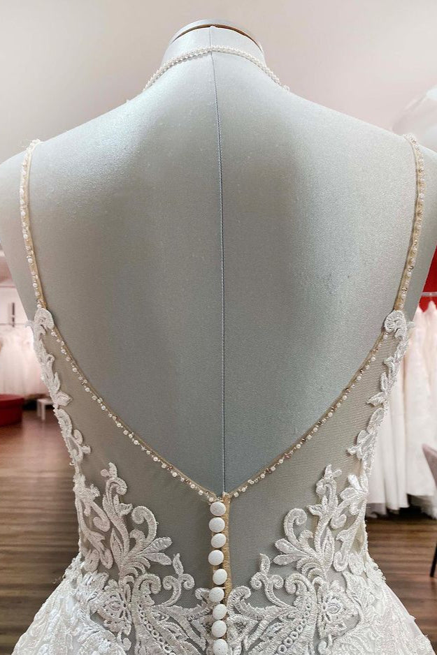Long A-line V-neck Spaghetti-Straps Backless Wedding Dress with Lace Ruffles-Wedding Dresses-BallBride