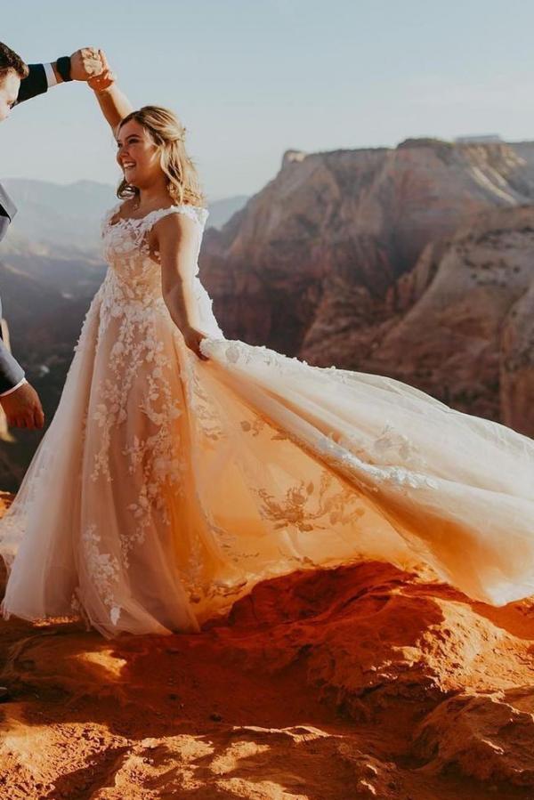 Long A-Line V-Neck Tulle Train Wedding Dress with Lace Appliques-Wedding Dresses-BallBride