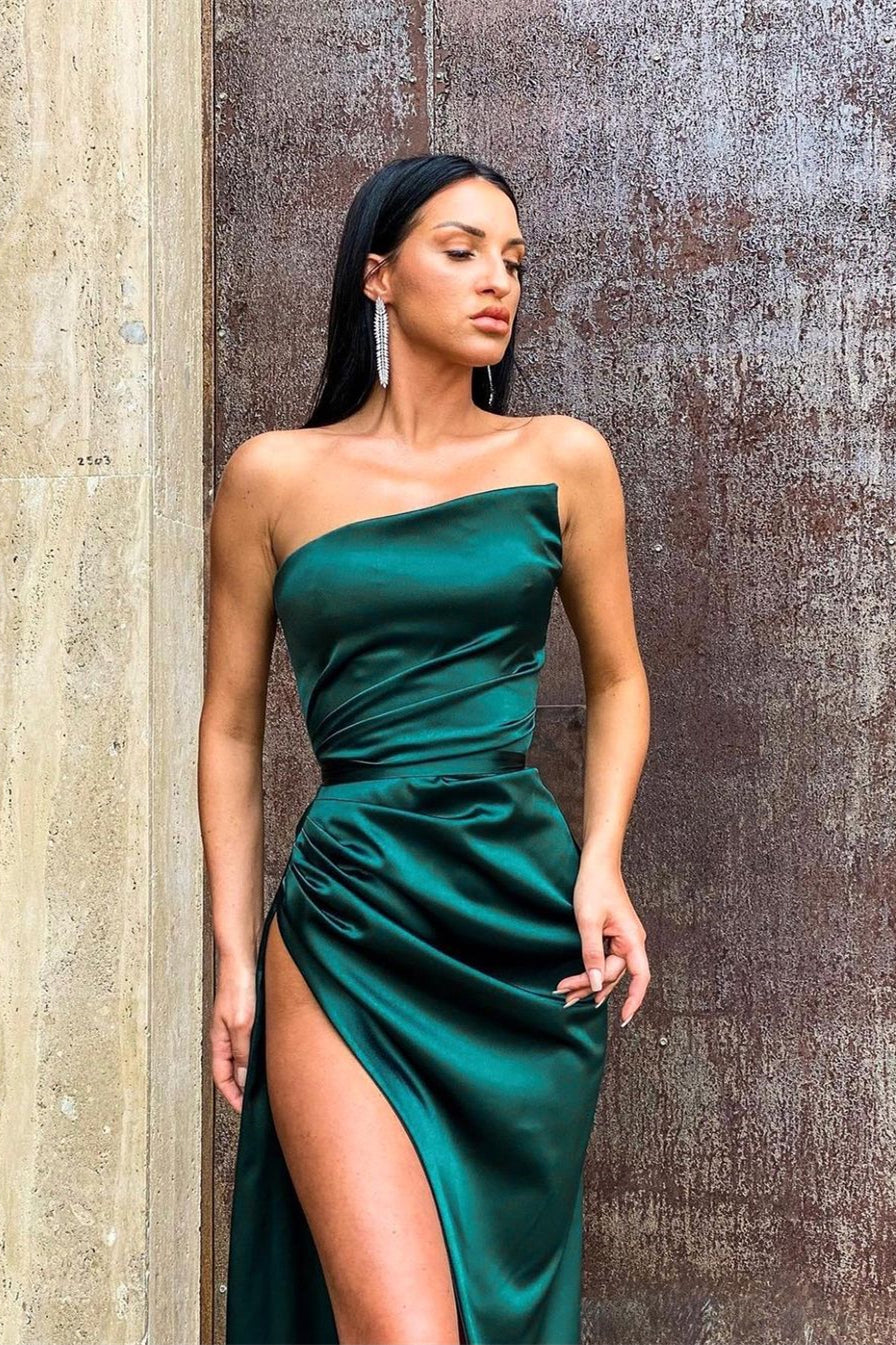 Long Dark Green Split Evening Dress-BallBride