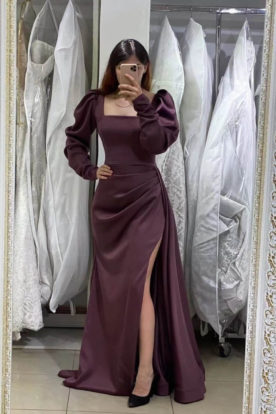 Long Mermaid Puff Sleeves Prom Dress with Split-BallBride