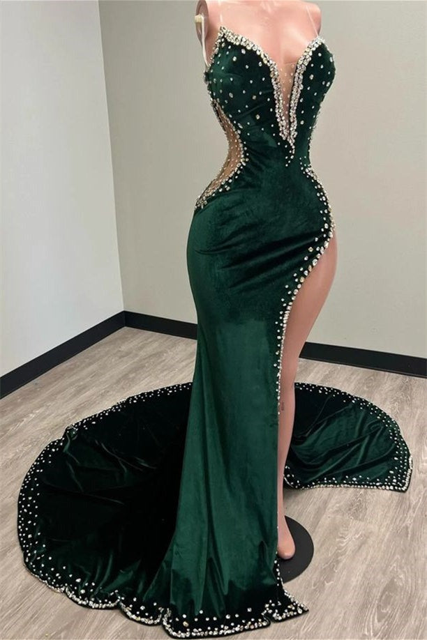 Long Mermaid V-neck Spaghetti Strap Beaded High Split Floor-length Prom Dress-Prom Dresses-BallBride