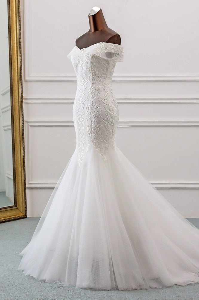 Long Mermaid Wedding Dress with Lace Appliques - Off-the-Shoulder-Wedding Dresses-BallBride
