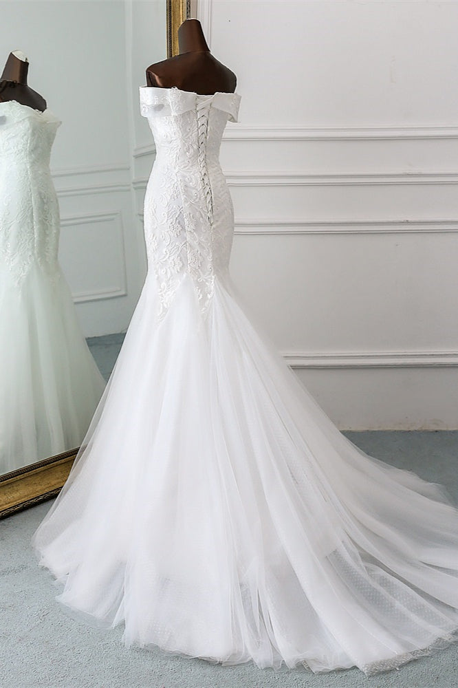 Long Mermaid Wedding Dress with Lace Appliques - Off-the-Shoulder-Wedding Dresses-BallBride