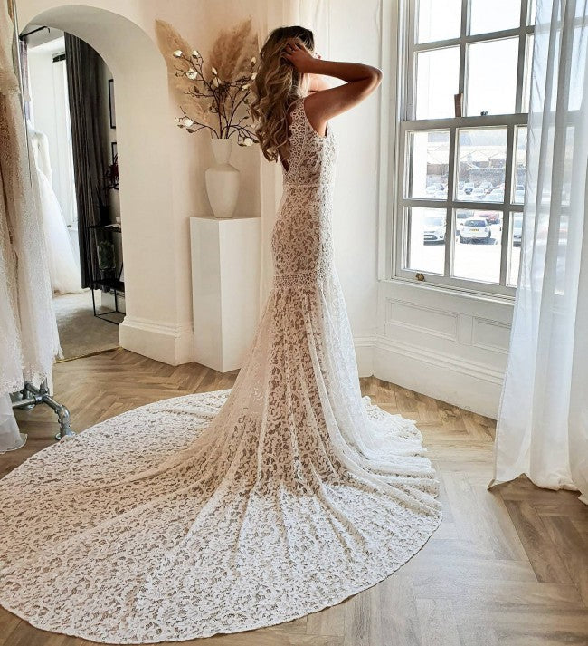 Long Mermaid Wedding Dress With Lace - Modest V-neck Open Back-Wedding Dresses-BallBride