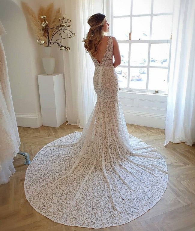 Long Mermaid Wedding Dress With Lace - Modest V-neck Open Back-Wedding Dresses-BallBride