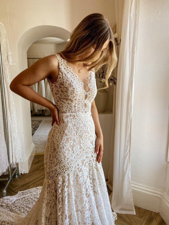 Long Mermaid Wedding Dress With Lace - Modest V-neck Open Back-Wedding Dresses-BallBride