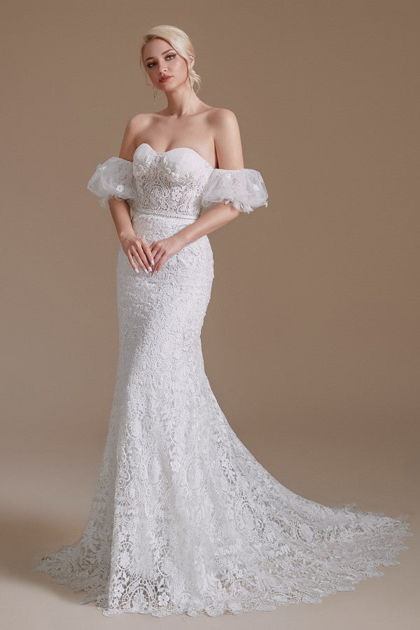 Long Mermaid Wedding Dresses With Detachable Sleeves - Beautiful Sweetheart Lace-Wedding Dresses-BallBride