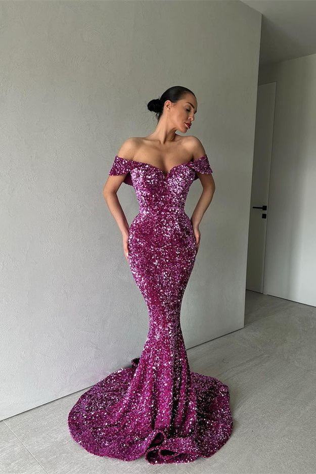 Long Purple Off-The-Shoulder Mermaid Evening Dress with Sequins-Evening Dresses-BallBride
