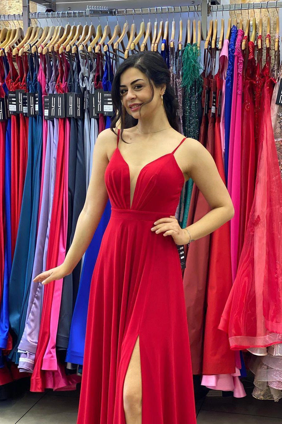 Long Red Prom Dress with Slit and Spaghetti-Straps-Occasion Dress-BallBride