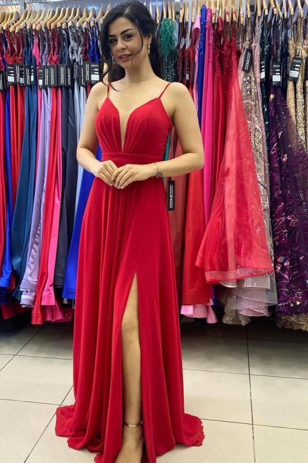 Long Red Prom Dress with Slit and Spaghetti-Straps-Occasion Dress-BallBride