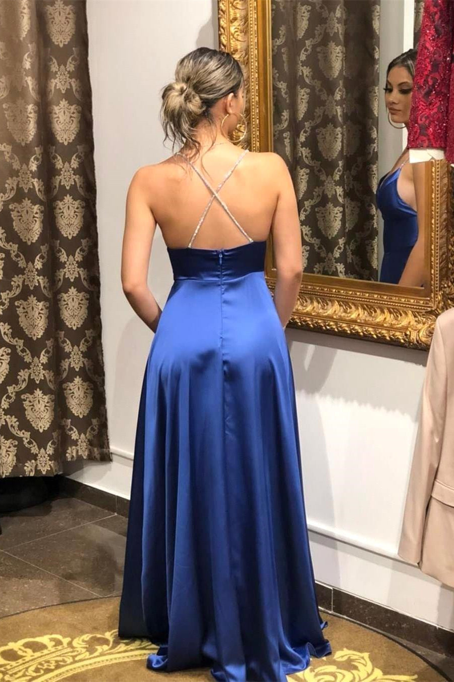 Long Royal Blue Split Prom Dress with Spaghetti-Straps-BallBride