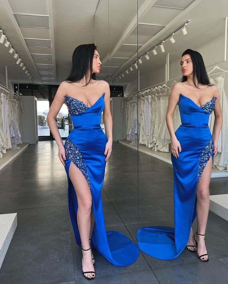 Long Royal Blue Sweetheart Mermaid Prom Dress with Sequins and Split-BallBride