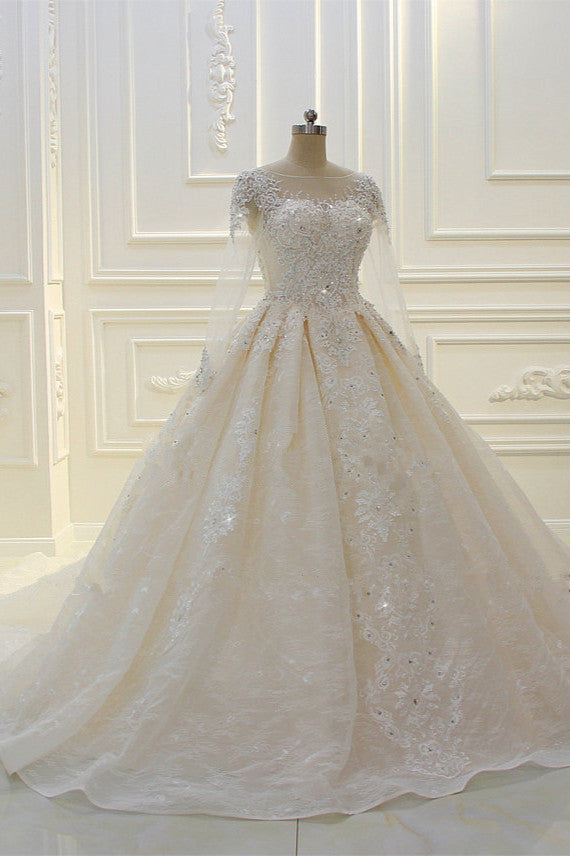 Long Sleeves Ball Gown Wedding Dress with Beading & Lace Appliques-Wedding Dresses-BallBride