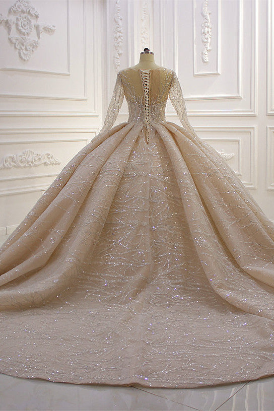 Long Sleeves Ball Gown Wedding Dress with Ruffles - Amazing Bateau-Wedding Dresses-BallBride