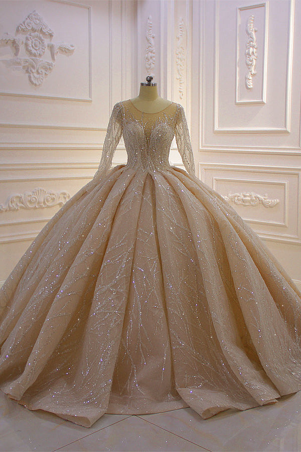 Long Sleeves Ball Gown Wedding Dress with Ruffles - Amazing Bateau-Wedding Dresses-BallBride