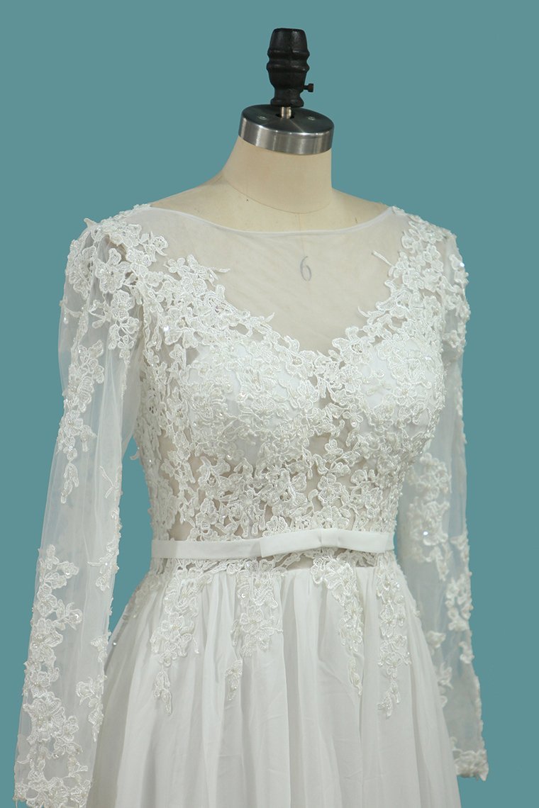 Long Sleeves Bateau Chiffon Wedding Dress With Ruffles-Wedding Dresses-BallBride