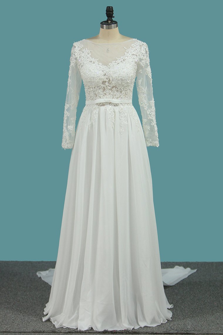 Long Sleeves Bateau Chiffon Wedding Dress With Ruffles-Wedding Dresses-BallBride