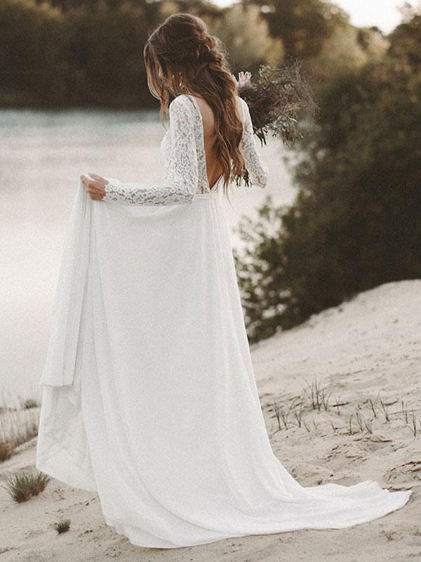 Long Sleeves Boho Lace Wedding Dress-Wedding Dresses-BallBride