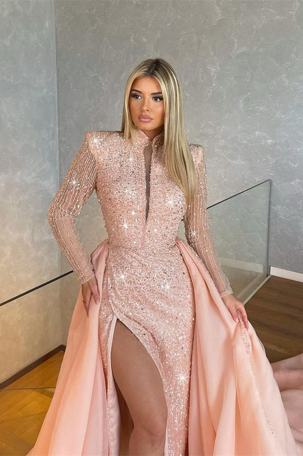 Long Sleeves High Collar Sequins Light Pink Mermaid Evening Dress With Split-BallBride