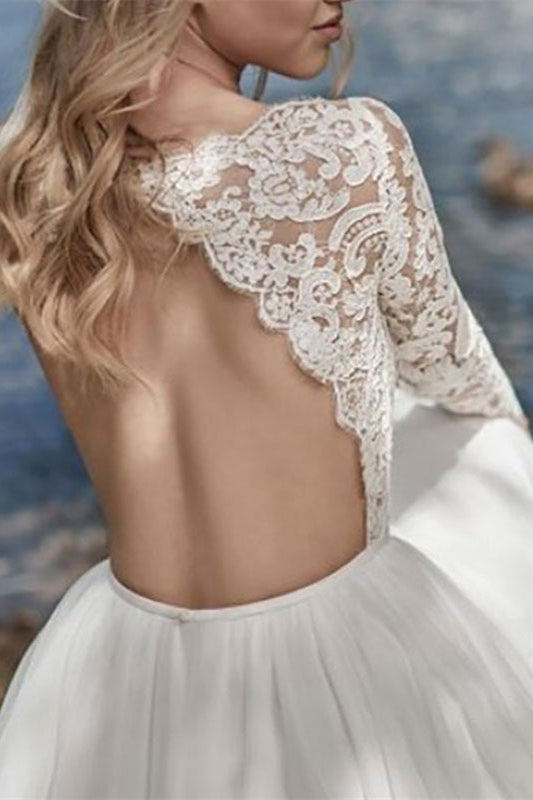 Long Sleeves Lace Chiffon Wedding Dress-Wedding Dresses-BallBride