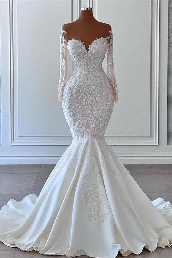 Long Sleeves Mermaid Sweetheart Wedding Dress with Applique-Wedding Dresses-BallBride