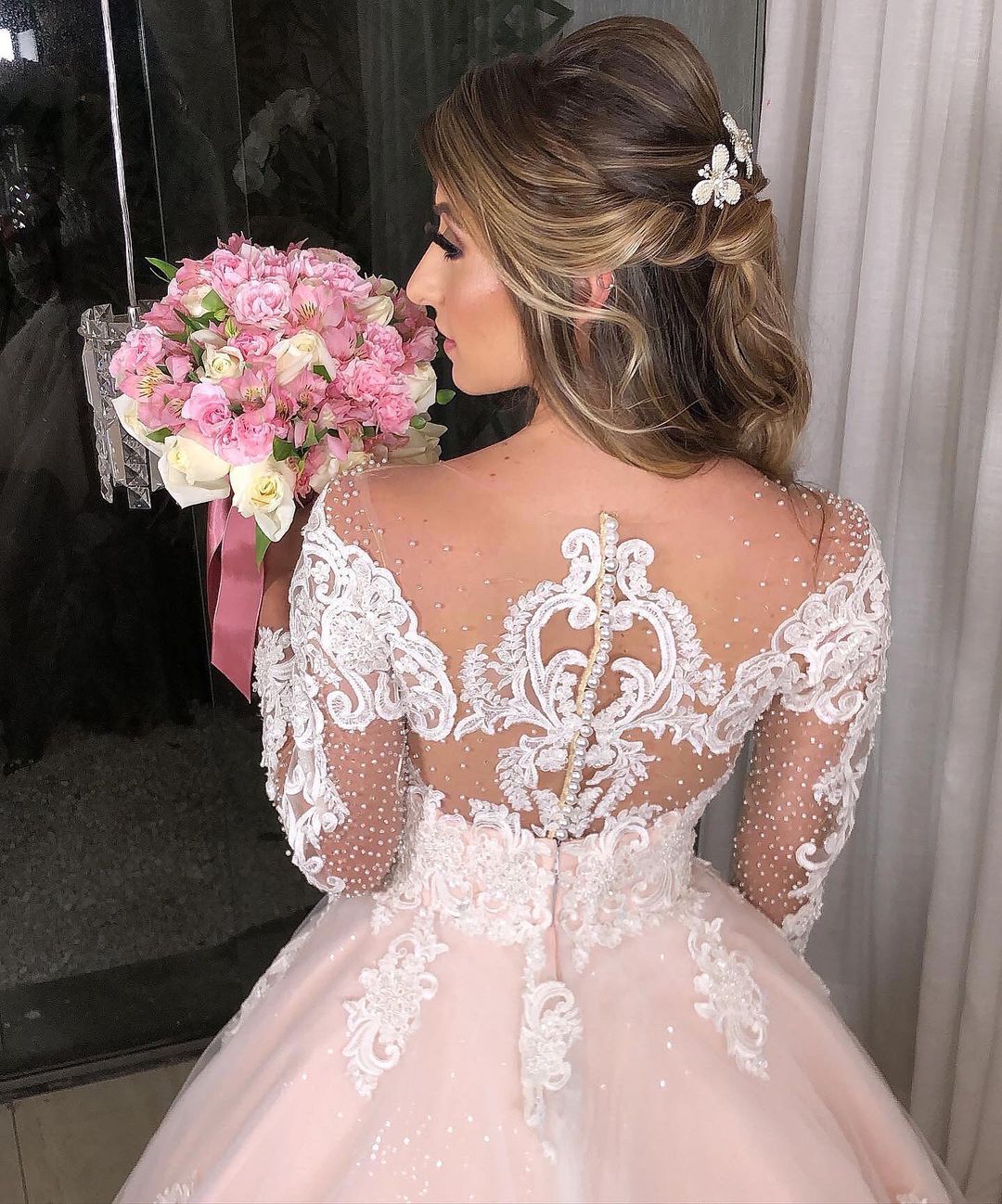 Long Sleeves Off-the-Shoulder Lace Applique Princess Tulle Floral Wedding Dress-Wedding Dresses-BallBride