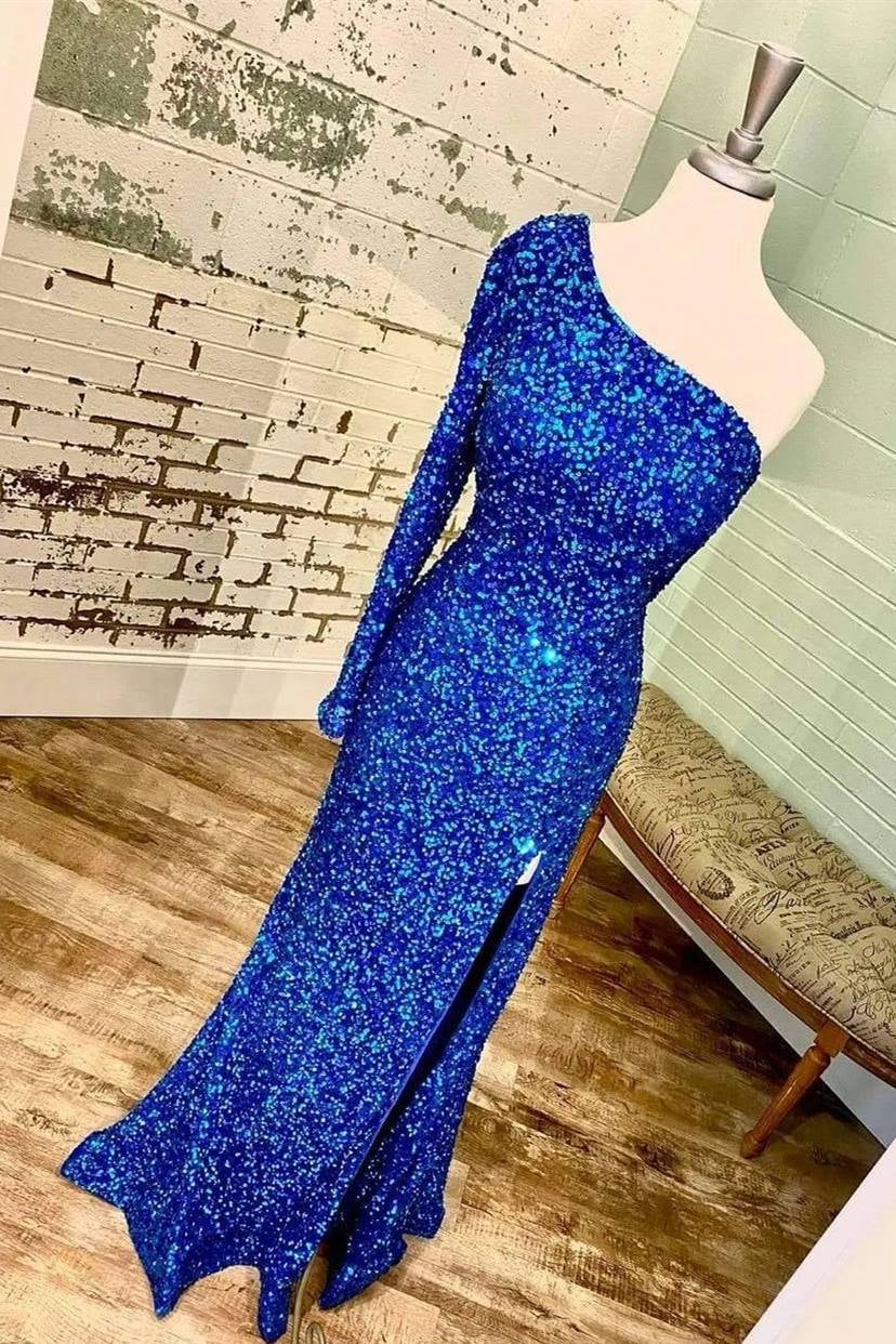 Long Sleeves One Shoulder Prom Dress with Sequins and Split-BallBride