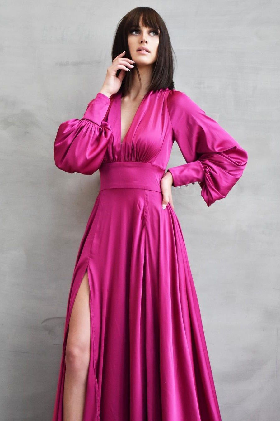 Long Sleeves Slit V-Neck Prom Dress-BallBride