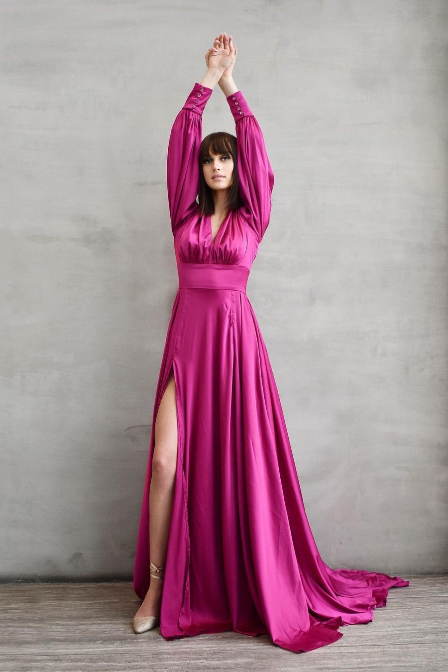 Long Sleeves Slit V-Neck Prom Dress-BallBride