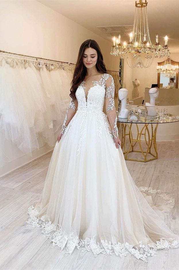 Long Sleeves Tulle Sweetheart Lace Wedding Dress-Wedding Dresses-BallBride